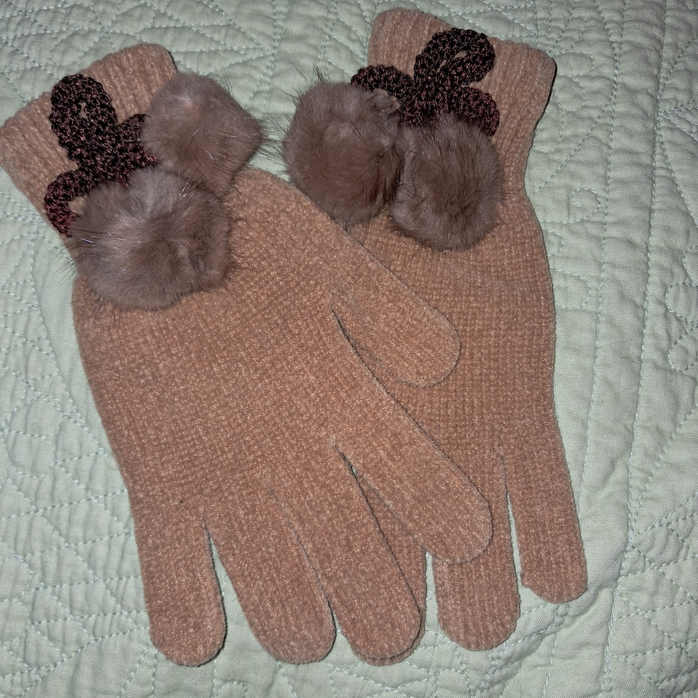 Cozy Tan Knit Gloves with Pom Pom Detail